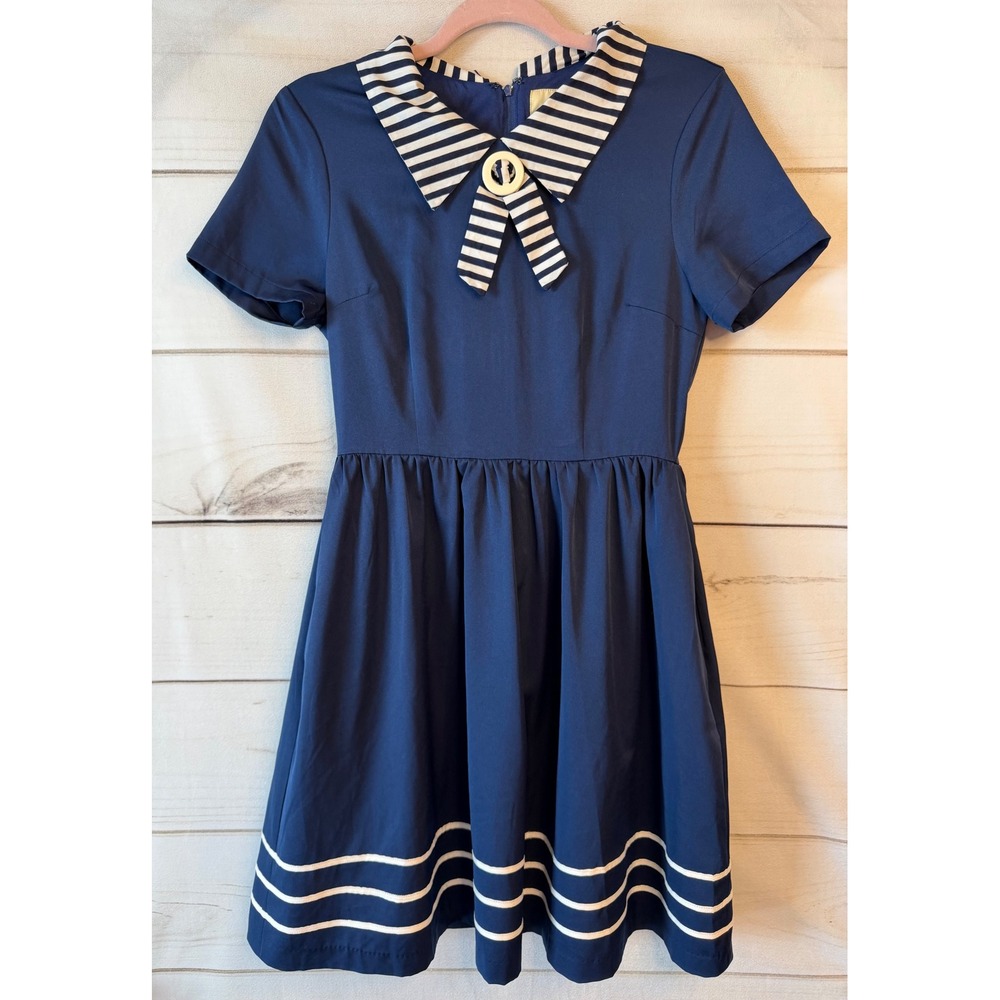 Fervour Navy Blue Nautical Sailor Dress Striped Collar Mini XS F3530